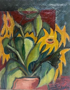 Vintage SunFlowers in Vase Mid 20th Cent French Post Impressionist Signed Oil Painting