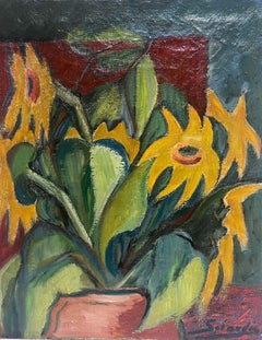 Fiori di sole in vaso Pittura ad olio firmata da un post impressionista francese della metà del 20° secolo