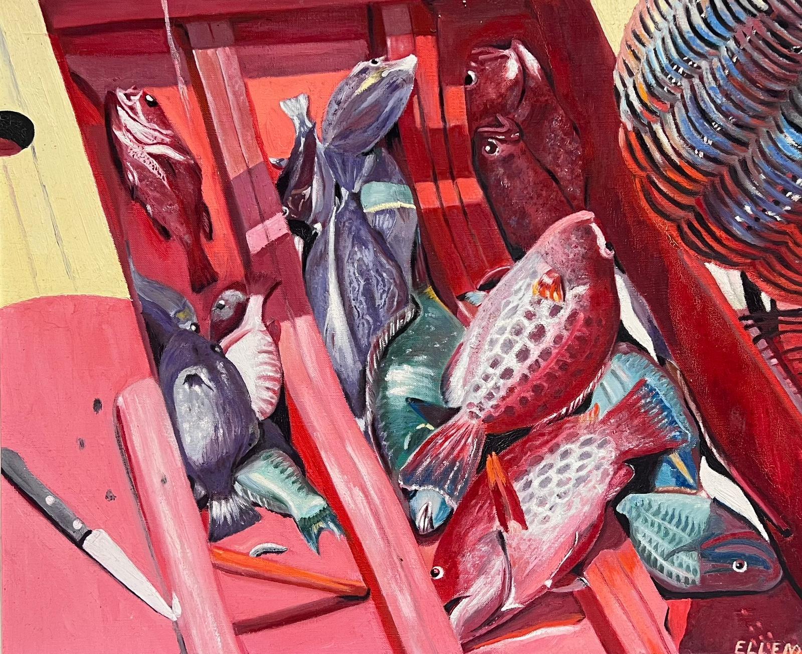 The Catch of the Day, peinture à l'huile française du 20e siècle représentant un bateau de pêche avec des poissons - Painting de French School