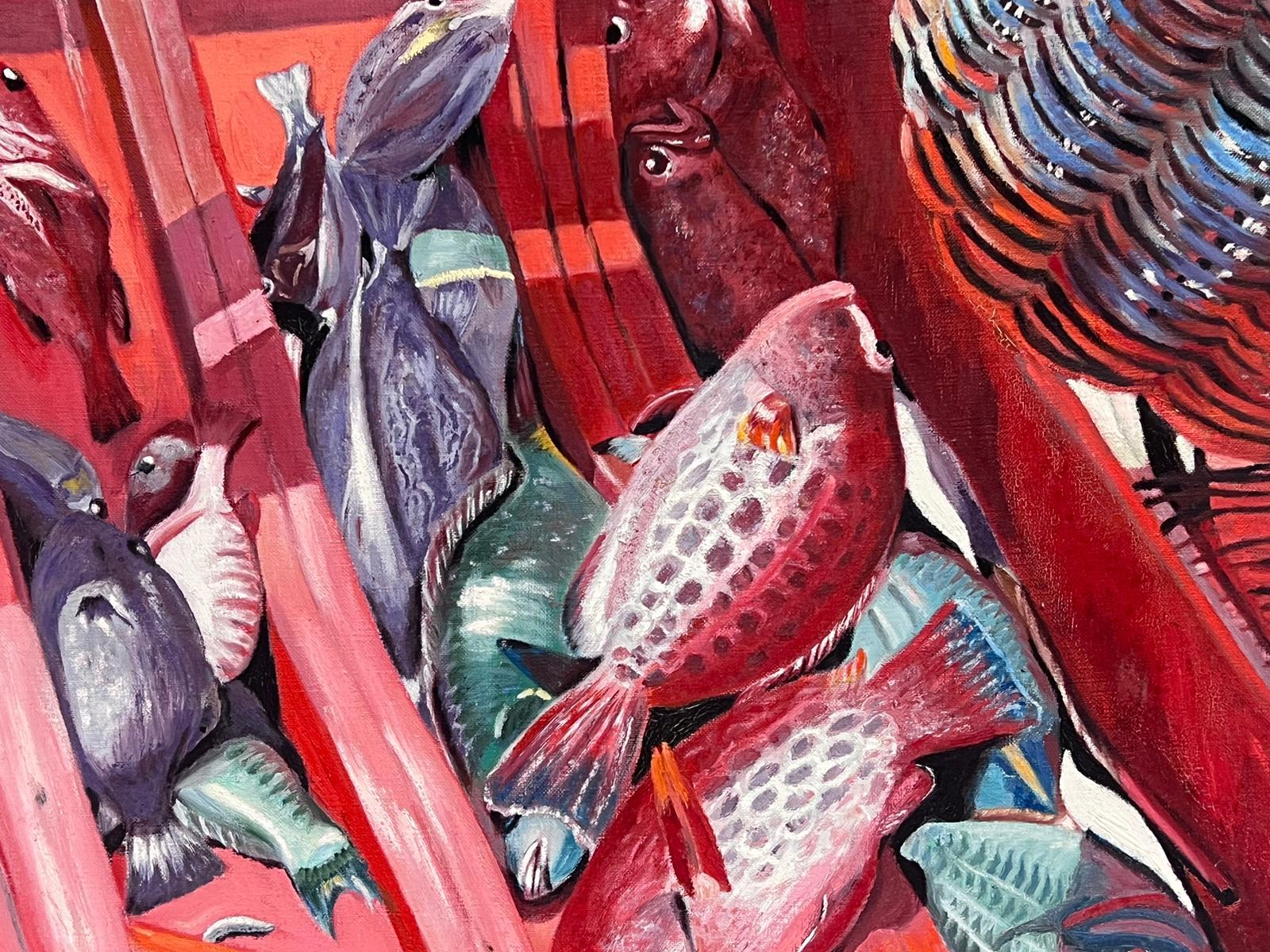 The Catch of the Day, peinture à l'huile française du 20e siècle représentant un bateau de pêche avec des poissons - Moderne Painting par French School