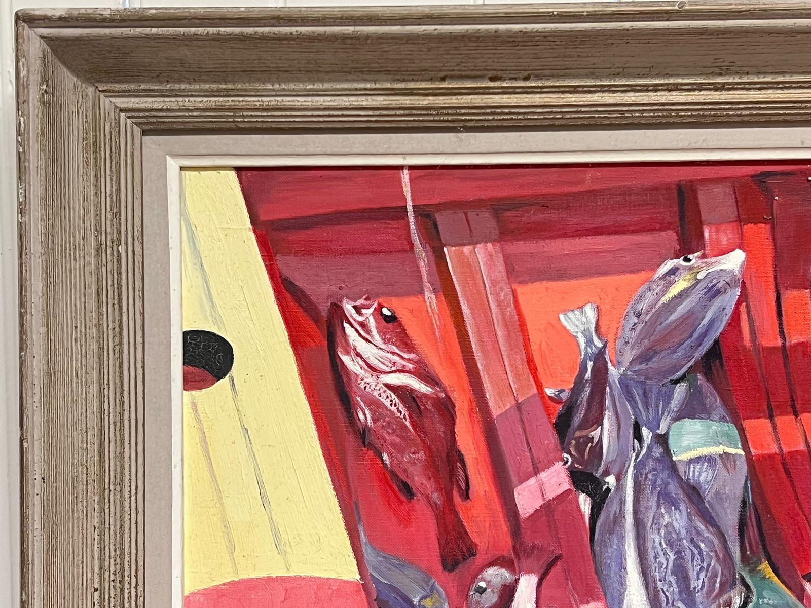 The Catch of the Day, peinture à l'huile française du 20e siècle représentant un bateau de pêche avec des poissons en vente 1