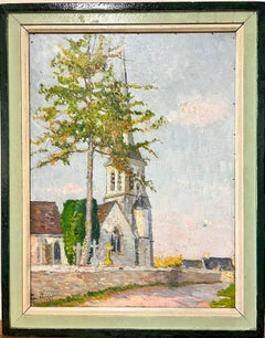 The Village Church 1930’s French Post Impressionist Signed Oil Green Frame