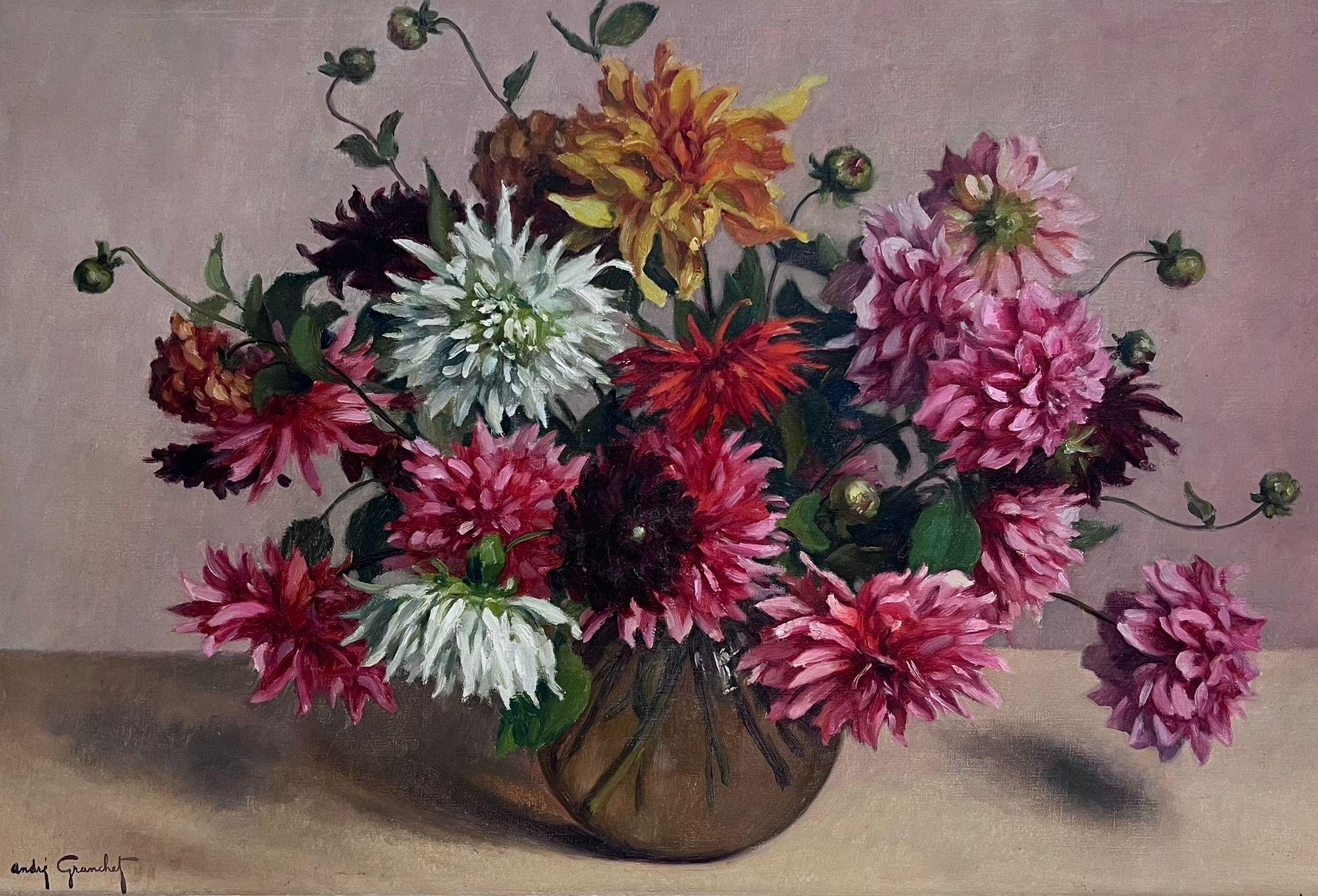 Großes französisches Blumenstillleben aus der Mitte des 20. Jahrhunderts, Ölgemälde, Originalrahmen – Painting von French School