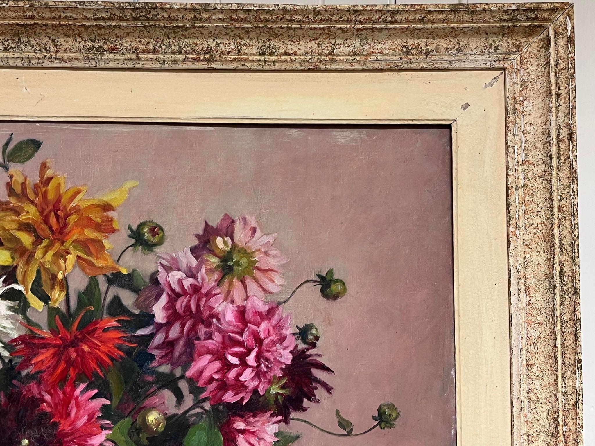 Very Large Mid 20th Century French Flower Still Life Oil Painting Original Frame For Sale 1