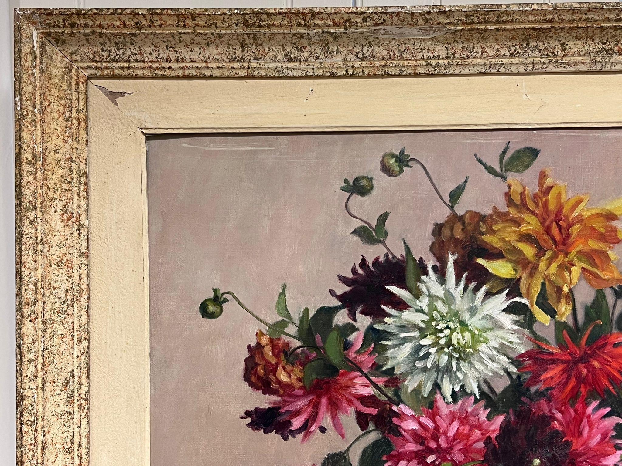 Very Large Mid 20th Century French Flower Still Life Oil Painting Original Frame For Sale 3