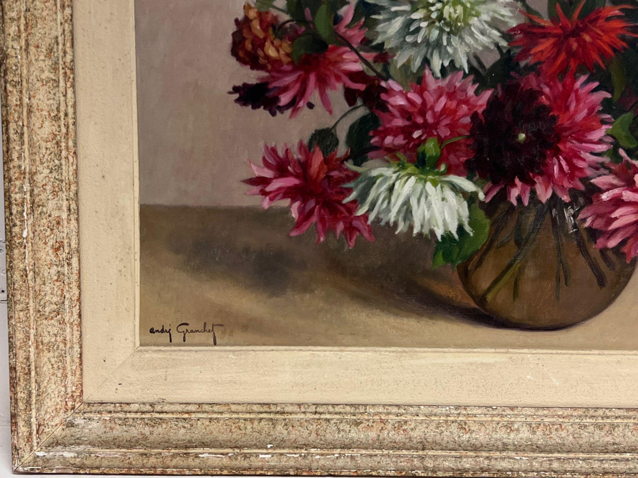 Very Large Mid 20th Century French Flower Still Life Oil Painting Original Frame For Sale 4