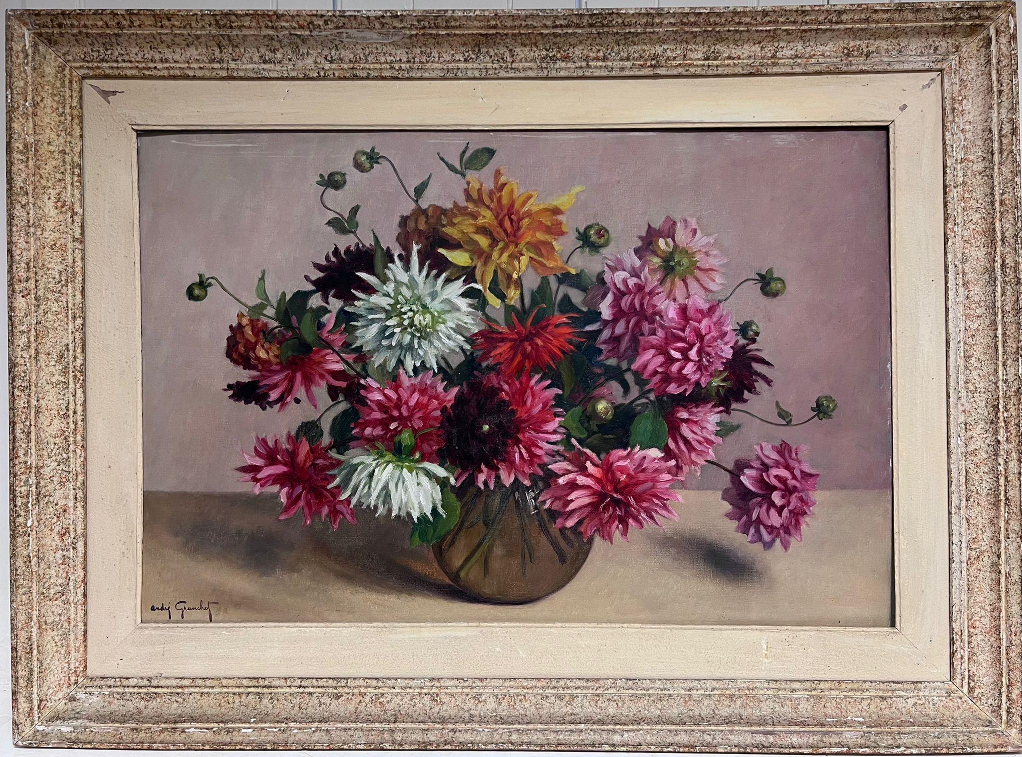 French School Still-Life Painting – Großes französisches Blumenstillleben aus der Mitte des 20. Jahrhunderts, Ölgemälde, Originalrahmen