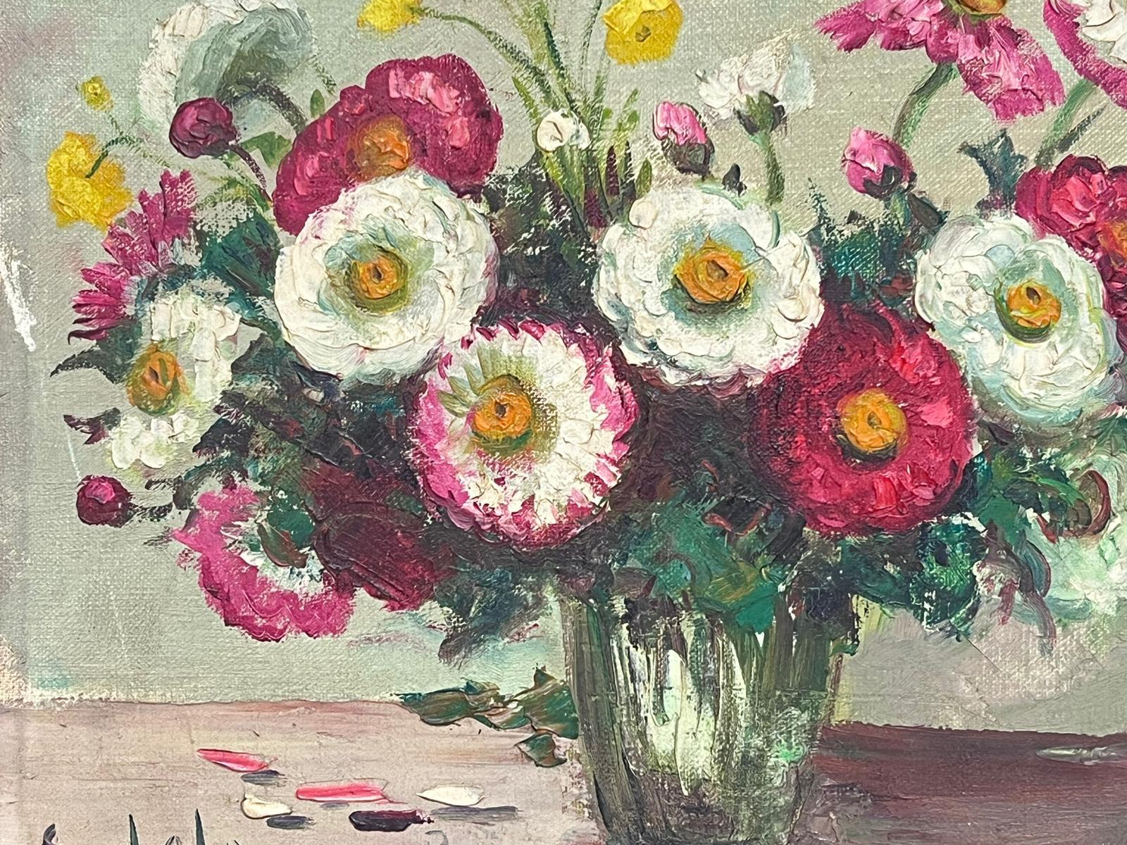 Vintage French Mid 20th Century Still Life Oil Painting Flowers in Vase Original For Sale 2