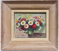 Vintage French Mid 20th Century Still Life Oil Painting Flowers in Vase Original