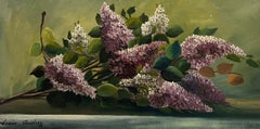 Vintage French Signed Oil Painting Lilac Flowers in Original Mid Century Frame