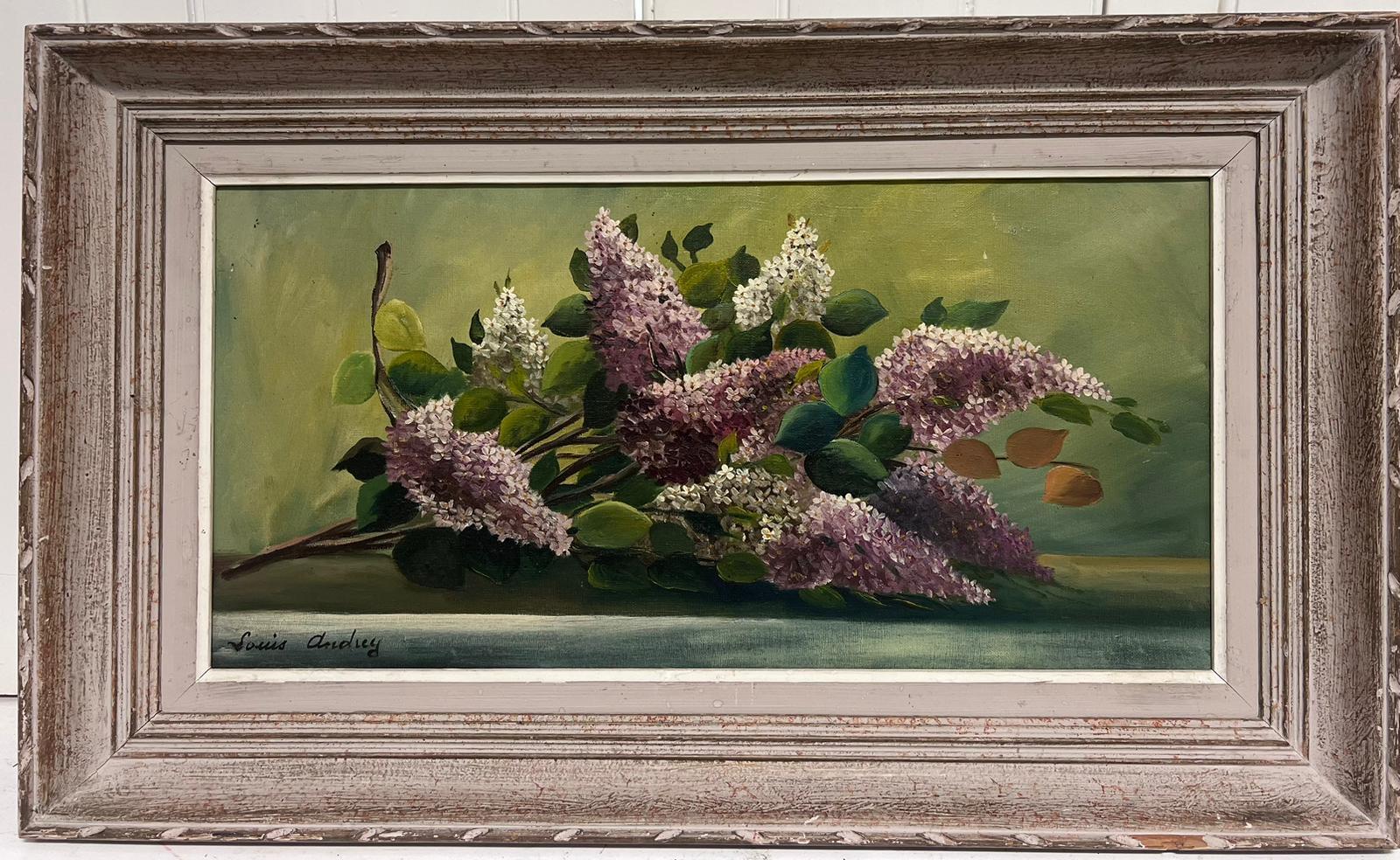 French School Interior Painting - Vintage French Signed Oil Painting Lilac Flowers in Original Mid Century Frame