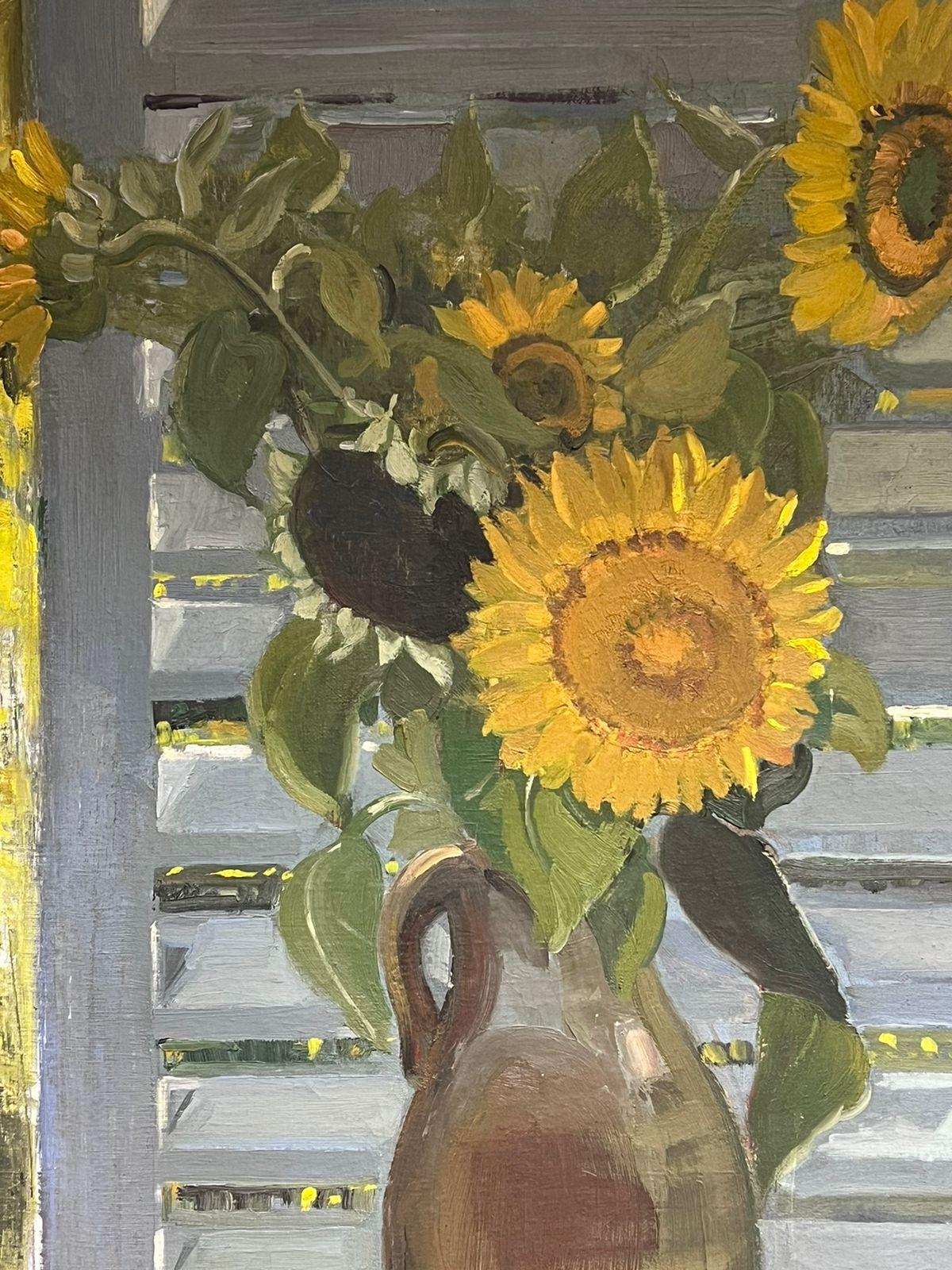 Huge 1930's French Signed Oil Sunflowers in Vase in Interior Windowsill Scene - Black Interior Painting by French School, 1930's