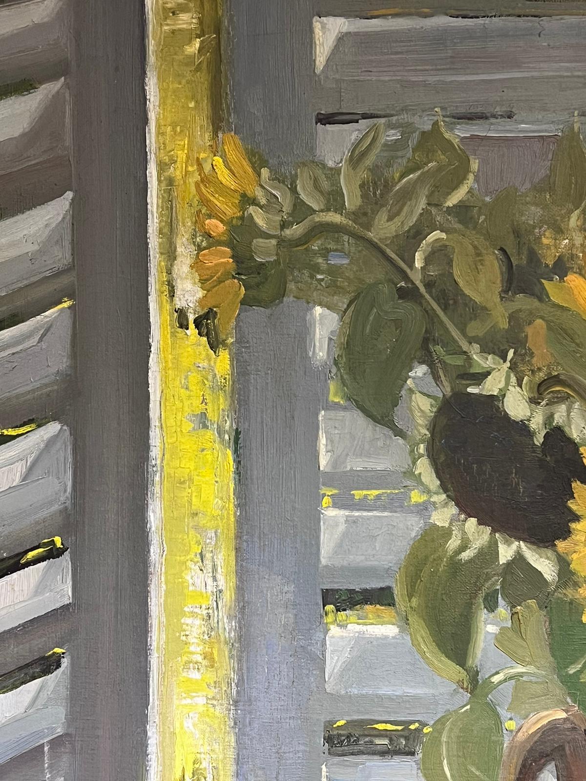 Huge 1930's French Signed Oil Sunflowers in Vase in Interior Windowsill Scene For Sale 2