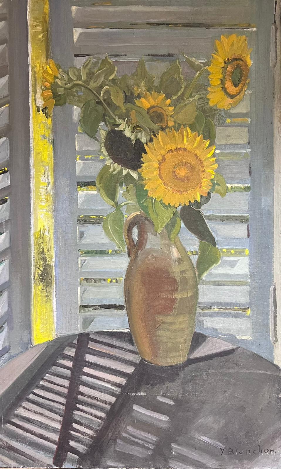 French School, 1930's Interior Painting - Huge 1930's French Signed Oil Sunflowers in Vase in Interior Windowsill Scene