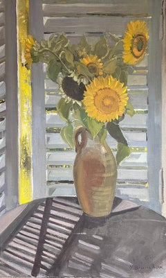Huge 1930's Französisch signiert Öl Sonnenblumen in Vase in Innenraum Fensterbank Szene