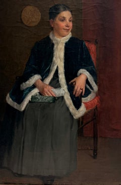 19th Century European Portrait of Seated Lady Fur Trim Jacket Interior Room Oil
