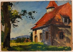 French Country House with Red Tiled Roof in a Sunlit Rural Landscape Scene