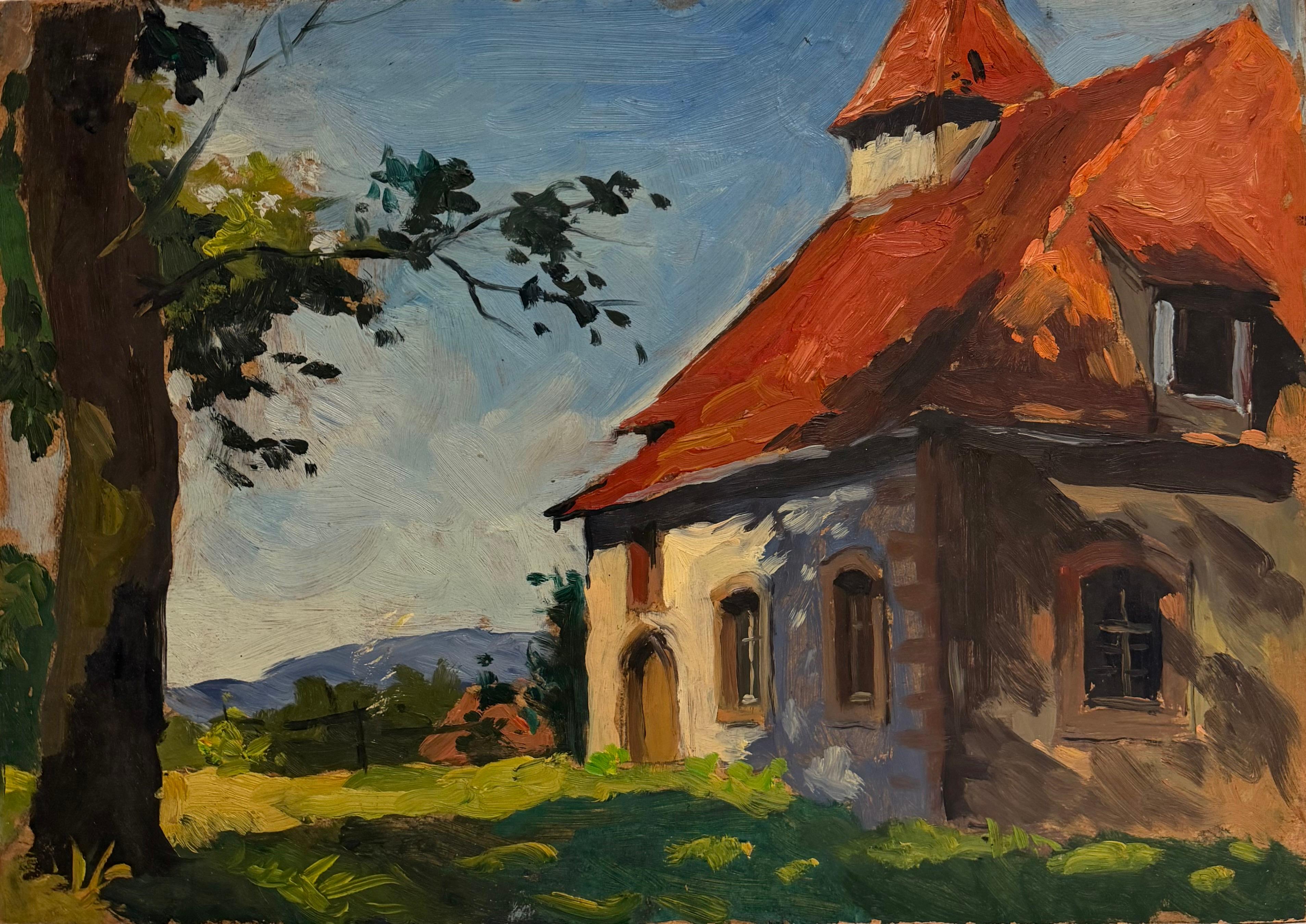 Französisches Landhaus mit rotem Ziegeldach in einer sonnendurchfluteten ländlichen Landschaft
