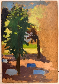 French Impressionist Landscape Trees in Sunlit Meadow Bold Colour Study