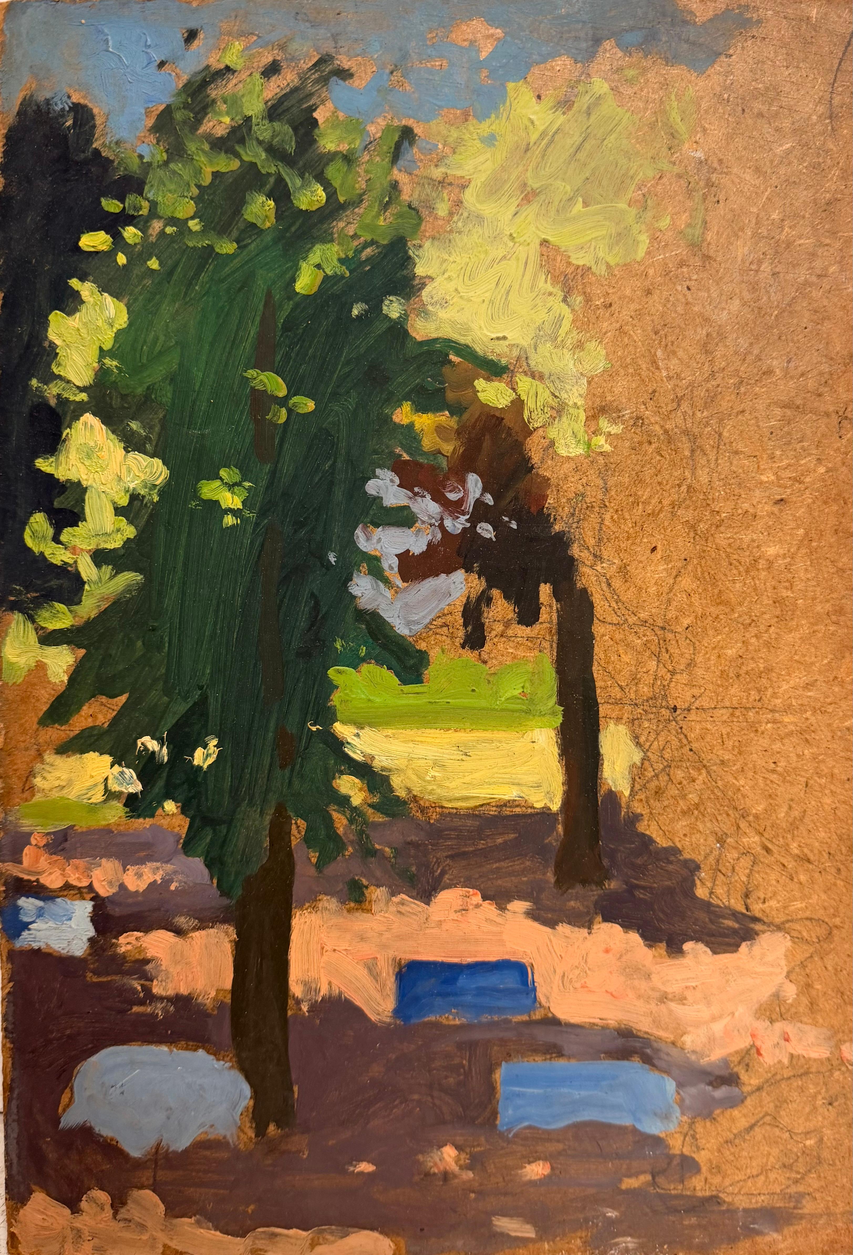French Impressionist Landscape Trees in Sunlit Meadow Bold Colour Study