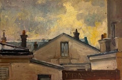French Impressionist Rooftop Scene Study Urban Houses at Sunset Sky Glow