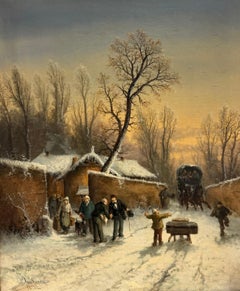Aldea invernal Victoriana Escena de nieve Figuras en carril, Pintura al óleo del siglo XIX