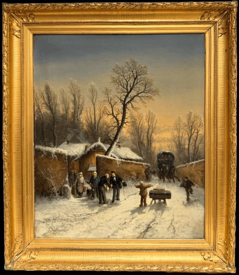 Village d'hiver Victorien Scène de neige Figures dans une ruelle, Peinture à l'huile du 19e siècle