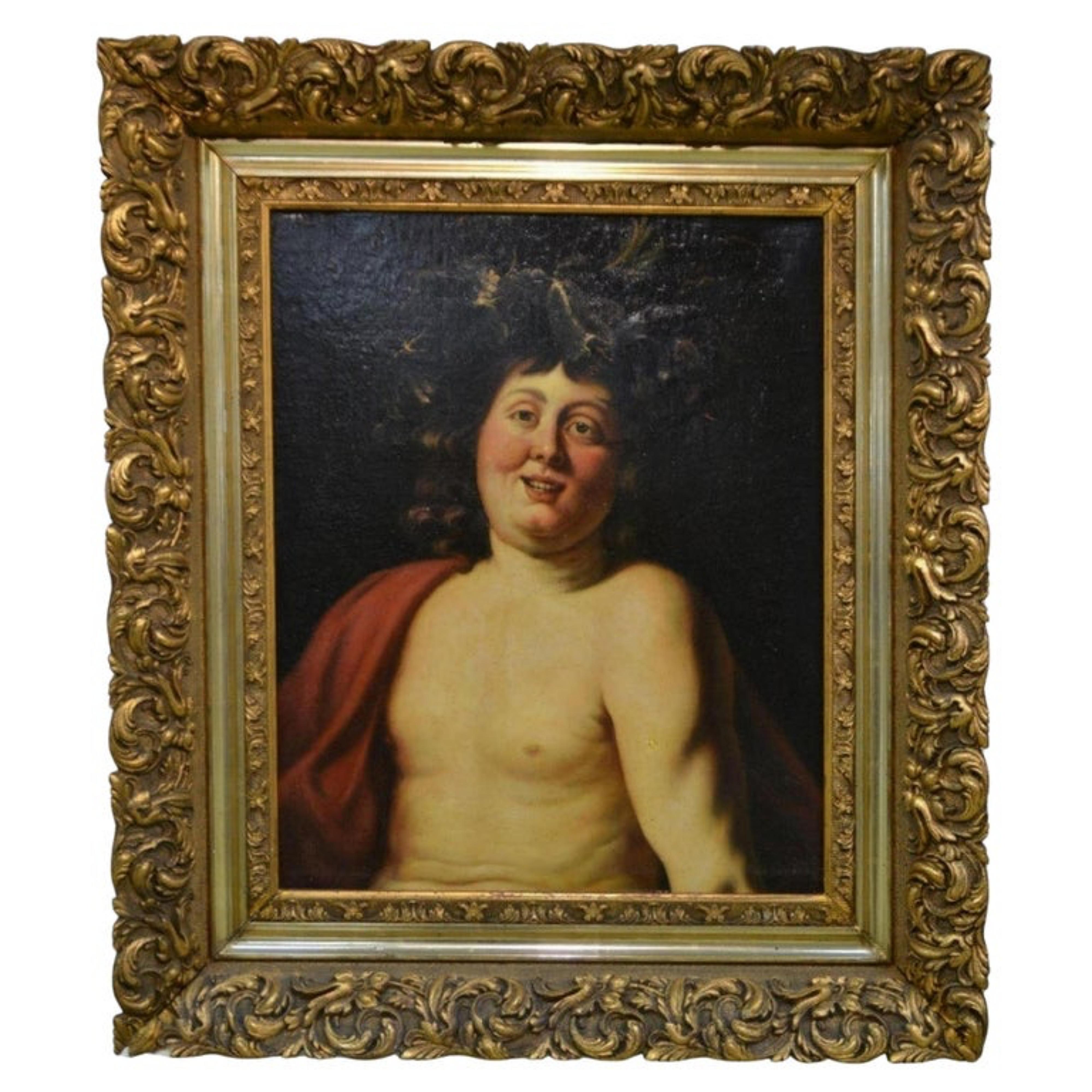 Französische Schule 19. Jahrhundert, 
Halbporträt von Dyonissus, 
Öl/Leinwand, restauriert, unterfüttert, rechts unten signiert, 
ca. 60 x 50cm, goldfarbener Stuckpomp 
Rahmen ca. 88x78cm 
Sehr guter Zustand.
