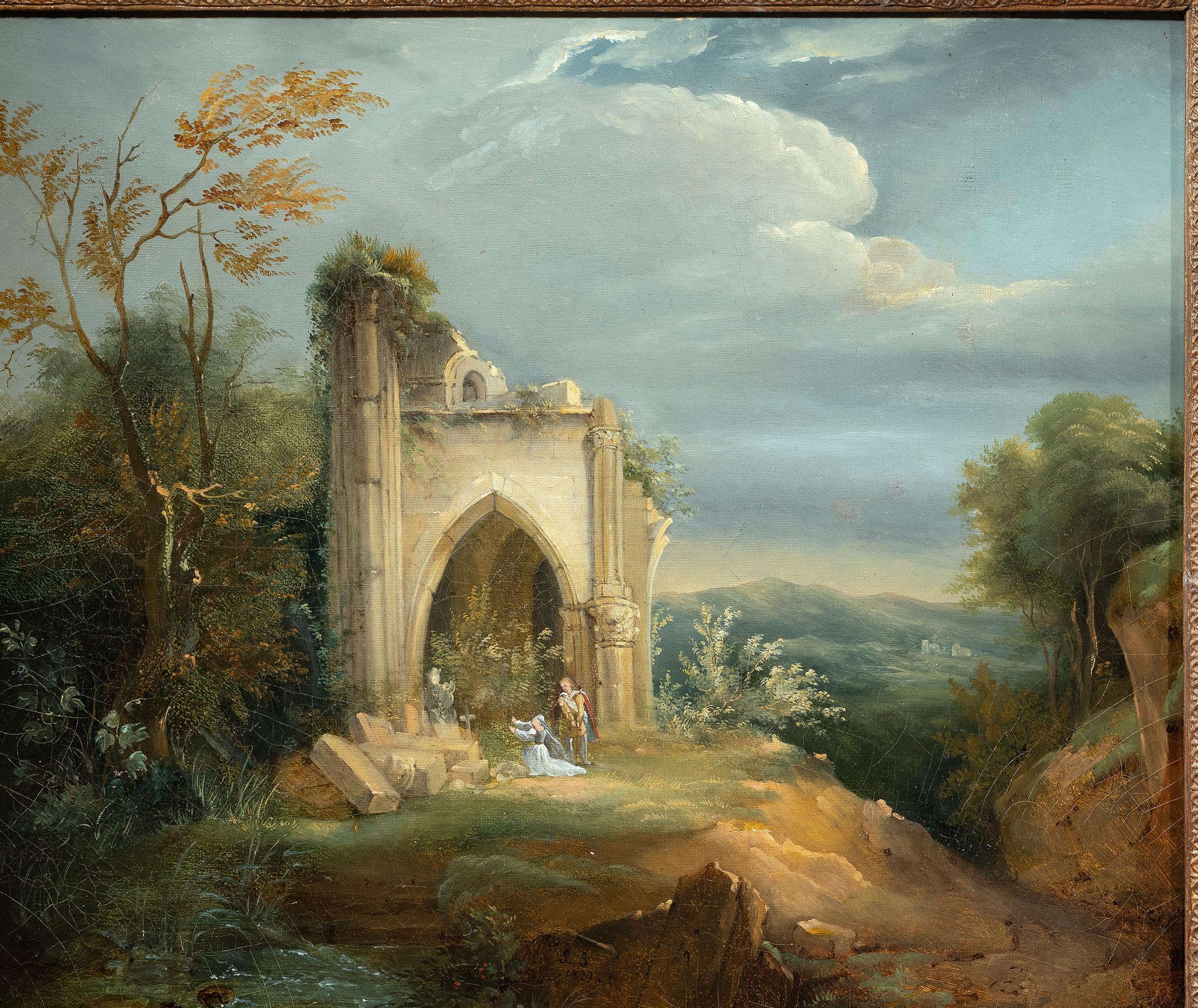 Shipping policy
No additional costs will be added to this order.
Shipping costs will be totally covered by the seller (customs duties included). 

French school, 19th century
Landscape with gothic church ruins
oil painting on canvas
37.7 x 45.7