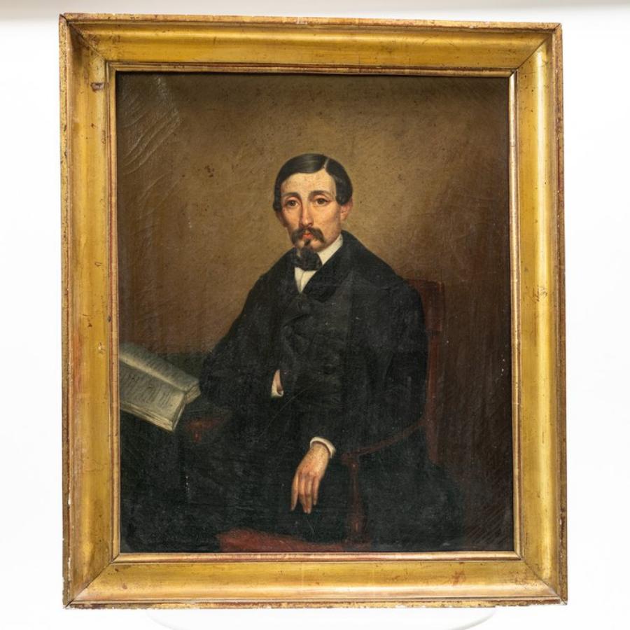 This captivating 19th century oil painting, created by an artist from the French School, portrays a distinguished gentleman in a contemplative moment with his book. Painted on canvas, the artwork showcases the mastery of the artist in capturing both