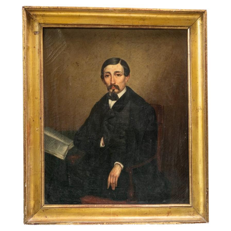 French School, 19th Century Oil on Canvas, Gentleman with His Book For Sale