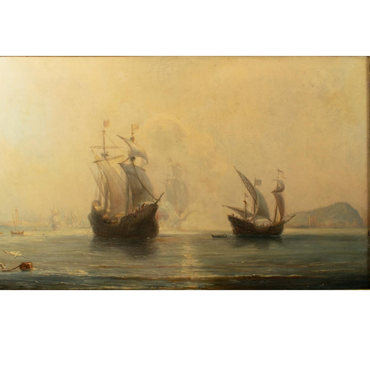 Französische Schule, 19. Jahrhundert, Öl auf Leinwand – SPANISH GALLEONS AT ANCHOR IN A BAY, Öl

Leinwandgröße 65 x 40 cm. Gerahmte Größe 77 x 54 cm.

Diese  Das Gemälde stellt eine dramatische Szene mit Galeonen aus dem spanischen 17. Jahrhundert