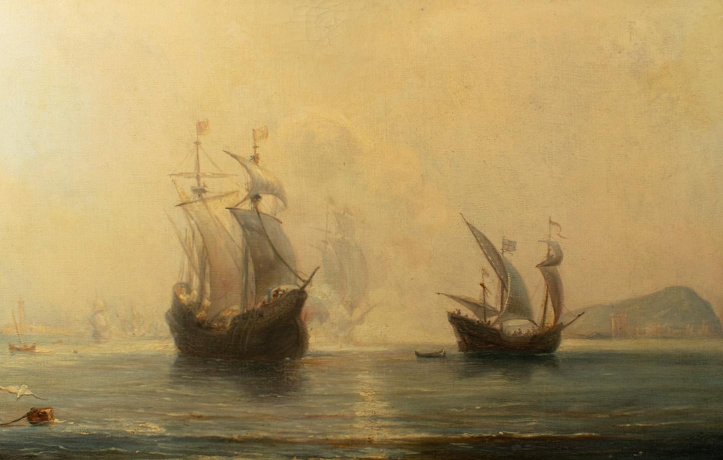 Französische Schule, 19. Jahrhundert, Öl auf Leinwand – SPANISH GALLEONS AT ANCHOR IN A BAY, Öl (Handbemalt) im Angebot