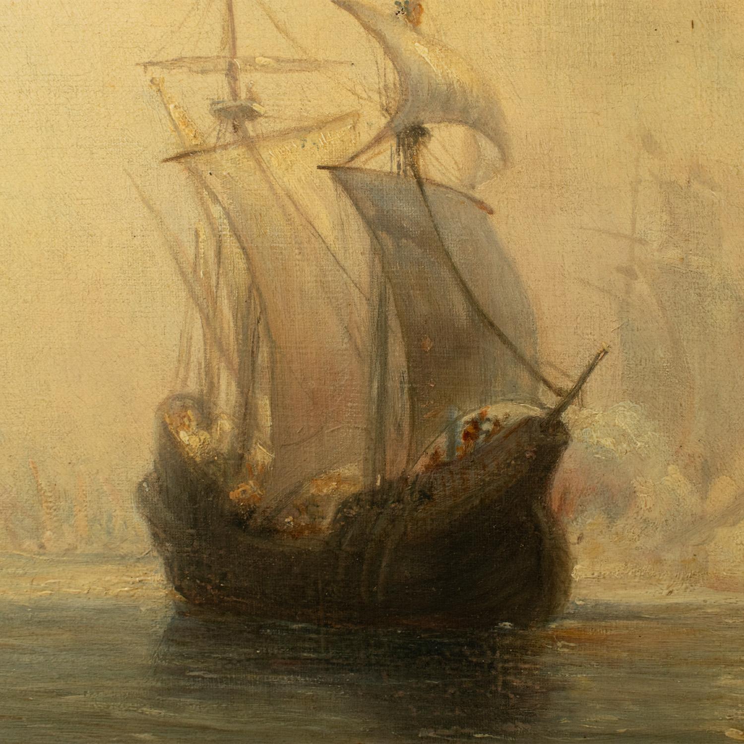 Französische Schule, 19. Jahrhundert, Öl auf Leinwand – SPANISH GALLEONS AT ANCHOR IN A BAY, Öl im Zustand „Relativ gut“ im Angebot in TEYJAT, FR