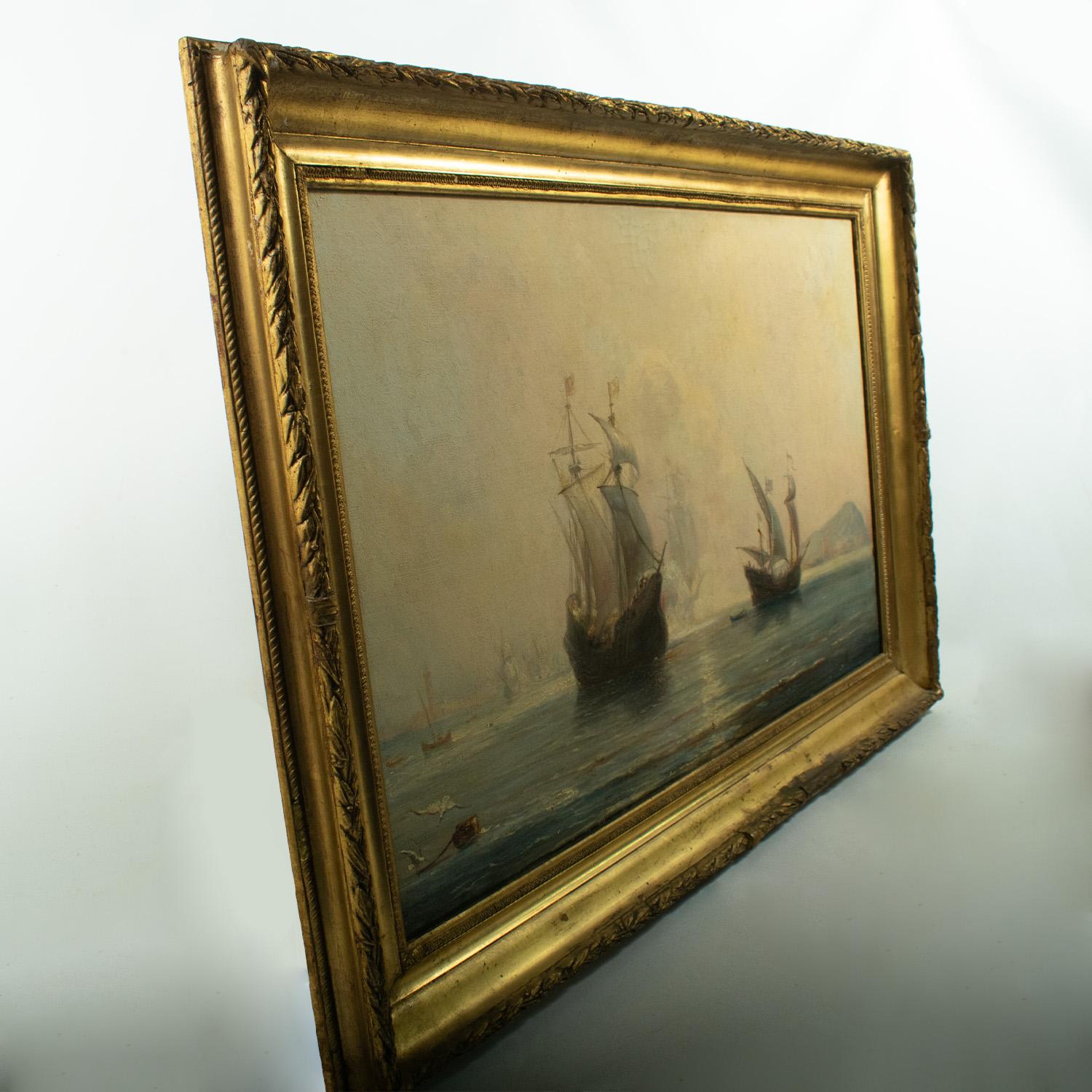 Französische Schule, 19. Jahrhundert, Öl auf Leinwand – SPANISH GALLEONS AT ANCHOR IN A BAY, Öl im Angebot 5