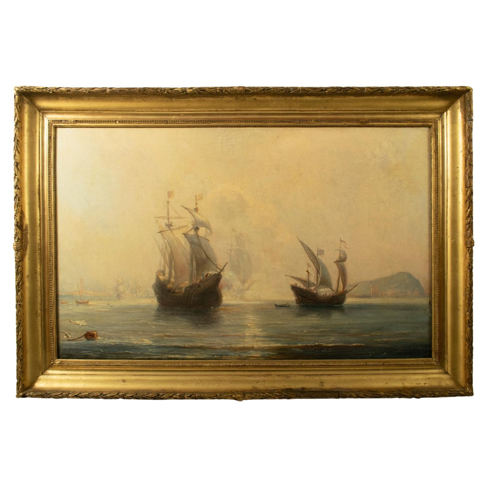 French School, 19TH CENTURY, Oil on Canvas - SPANISH GALLEONS AT ANCHOR IN A BAY