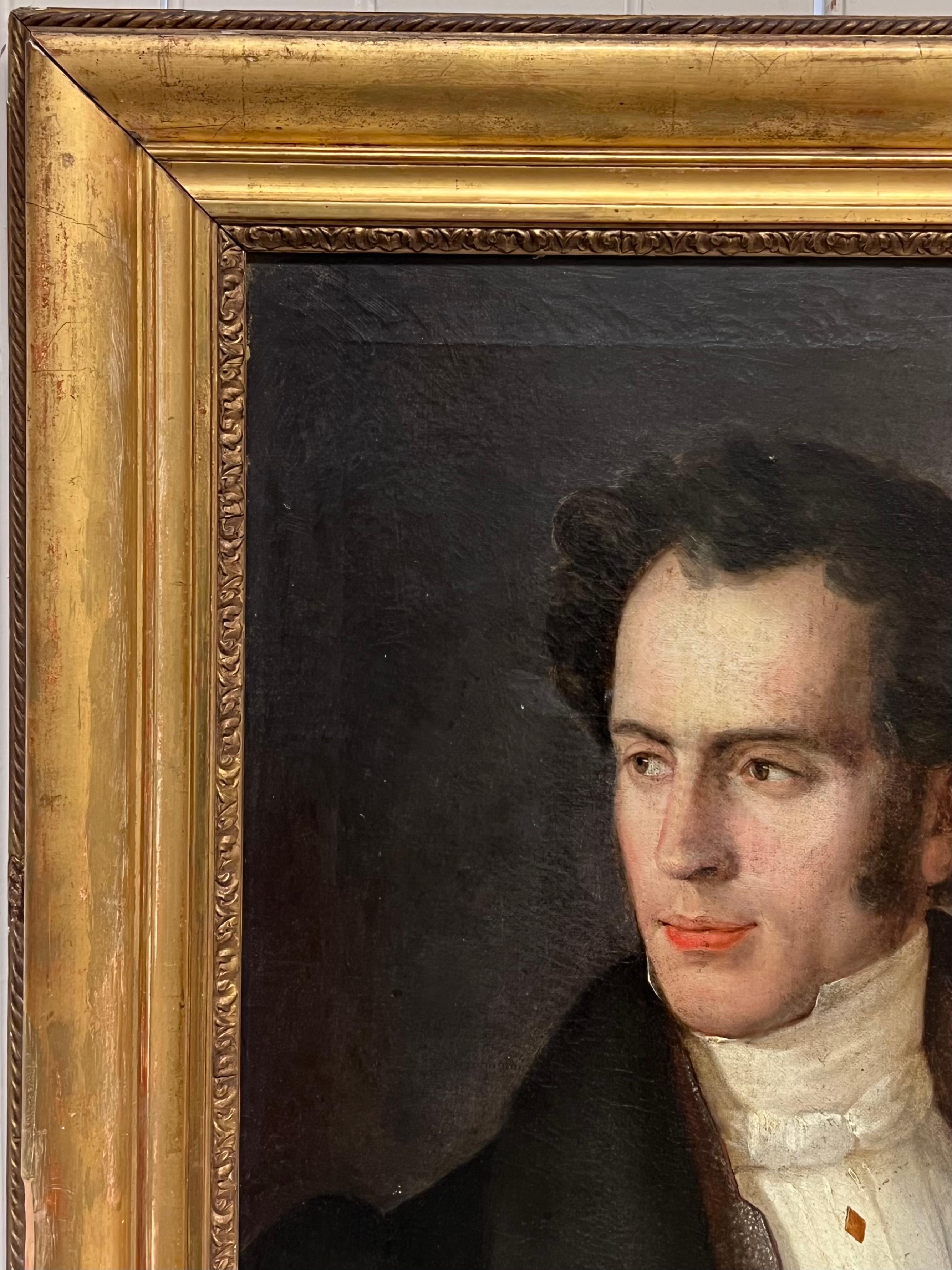 1800's French Antique Oil Painting Portrait of Dashing Young Gentleman Empire P For Sale 1