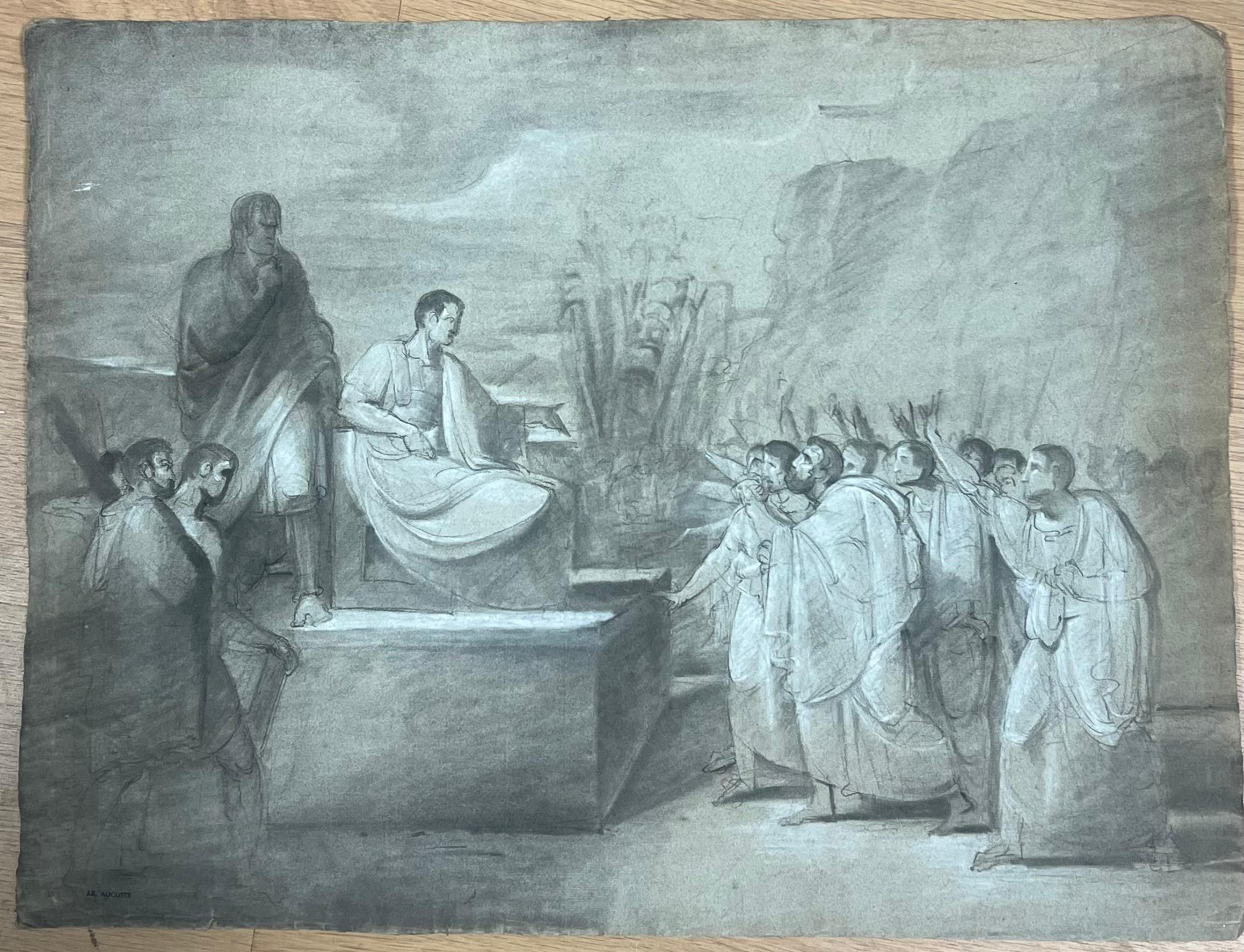 1800's French Neo Classical Old Master Dibujo a la Tiza Figuras Romanas Escena de Corte - Painting de French School