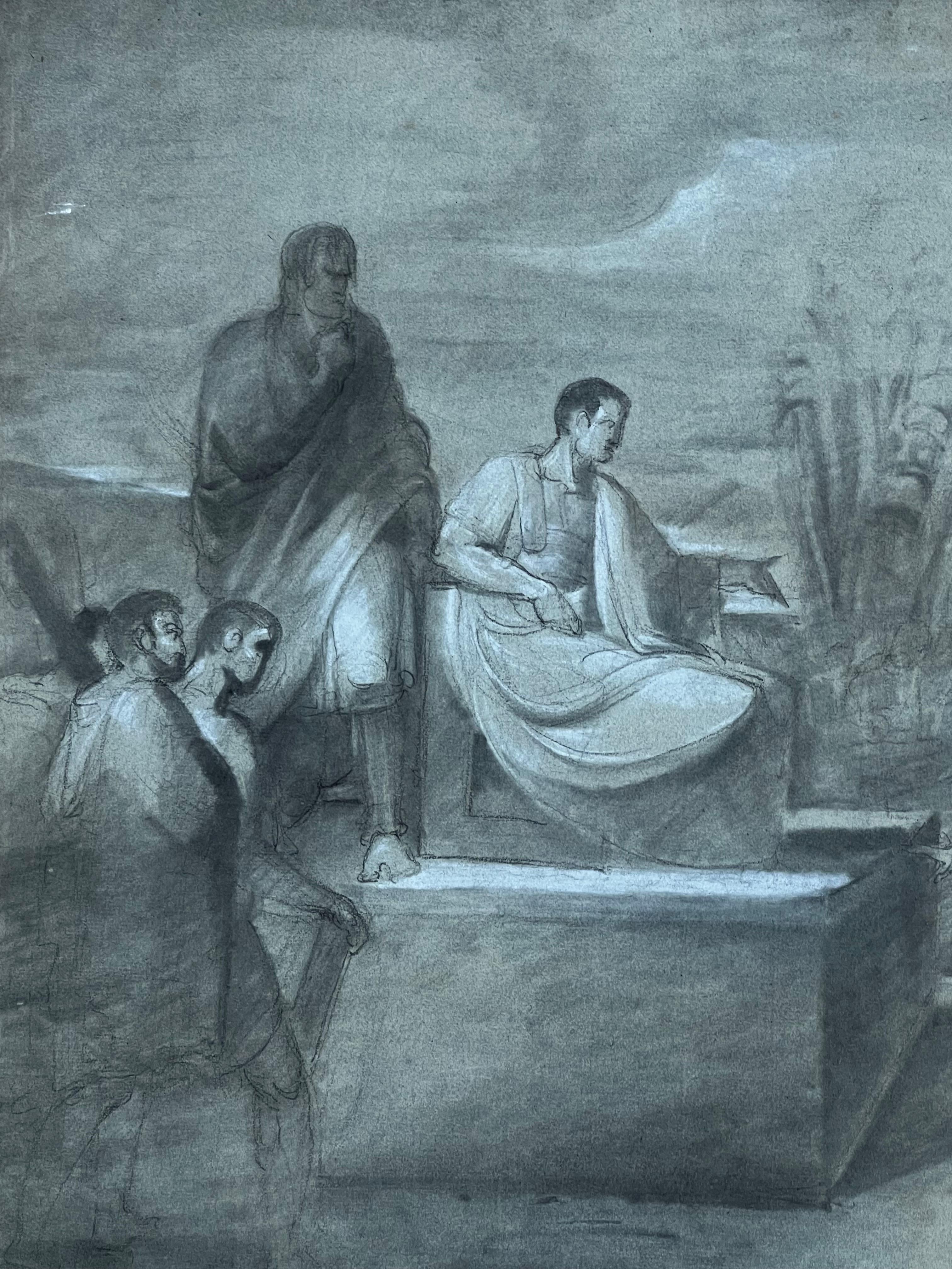 1800's French Neo Classical Old Master Dibujo a la Tiza Figuras Romanas Escena de Corte - Figurative Painting Gris de French School