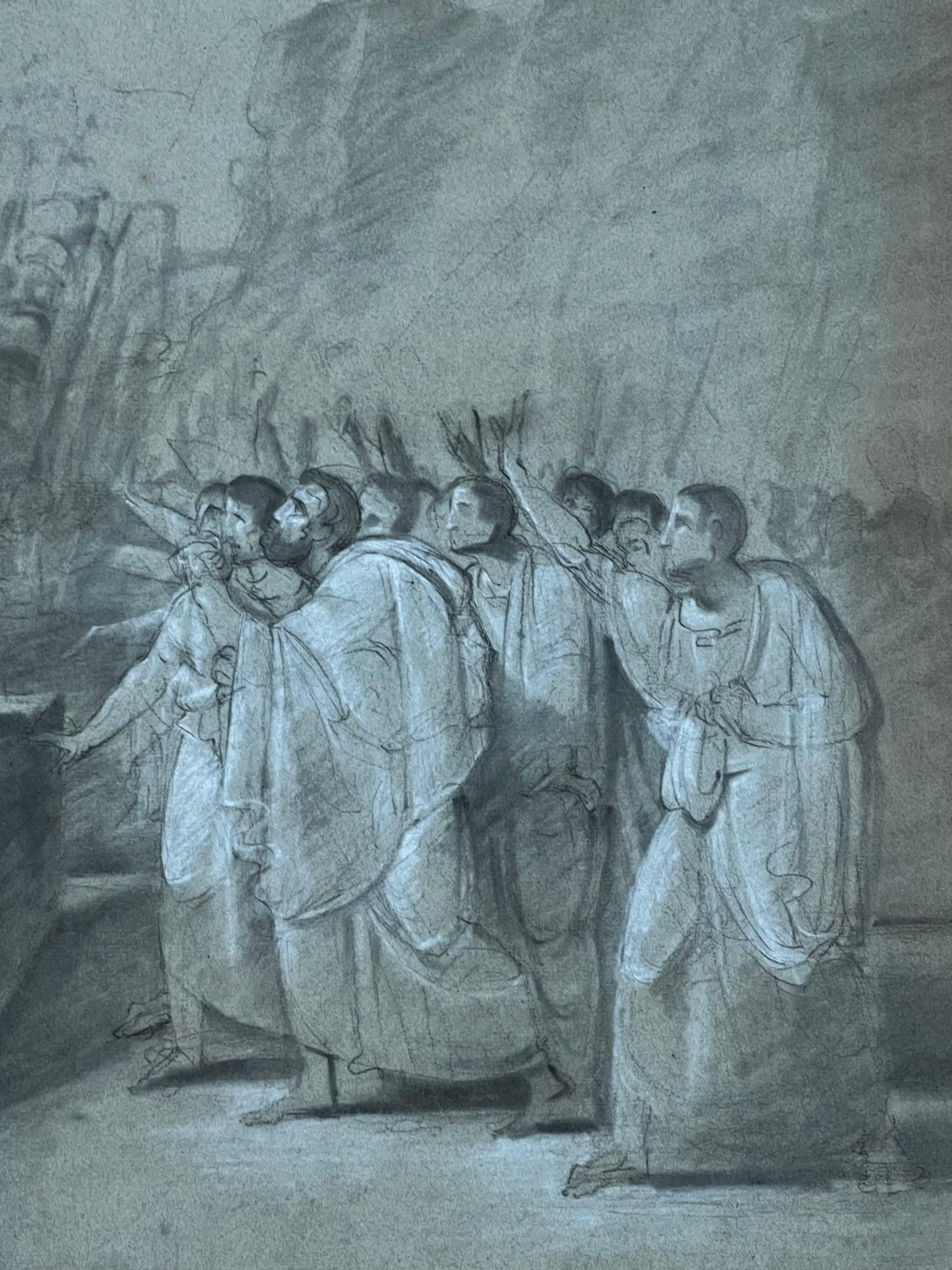 La Corte Romana
Escuela Francesa, periodo circa 1780-1820
dibujo a lápiz/carbón/tiza blanca sobre papel de artista
estampado con un nombre (de un coleccionista o del artista)
tamaño: 18 x 24 pulgadas
Procedencia: colección privada, Francia
Estado: