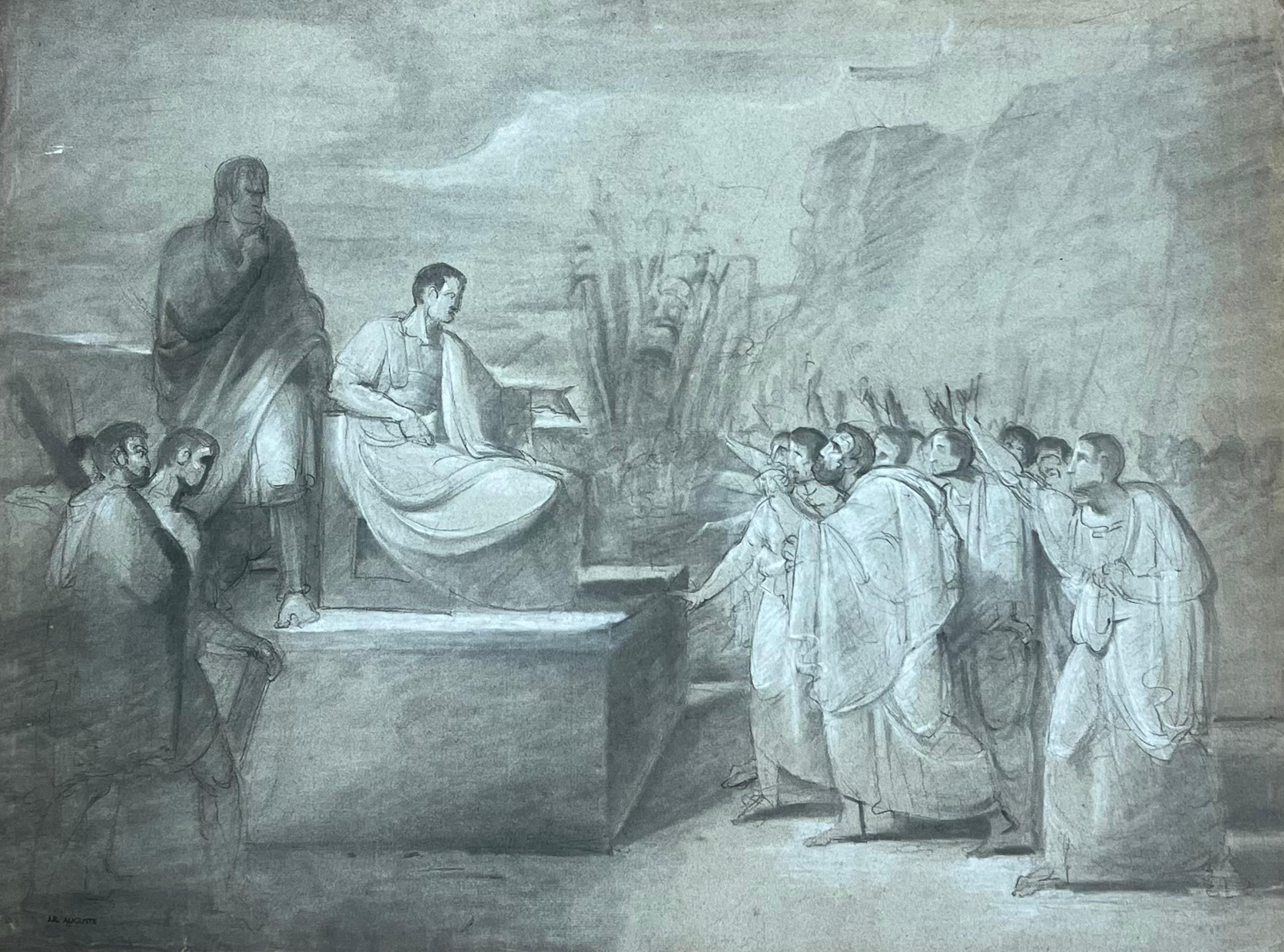 1800 French Neo Classical Old Master Disegno a gesso Figure romane Scena di corte