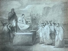 Antique 1800's French Neo Classical Old Master Chalk Drawing Roman Figures Court Scene