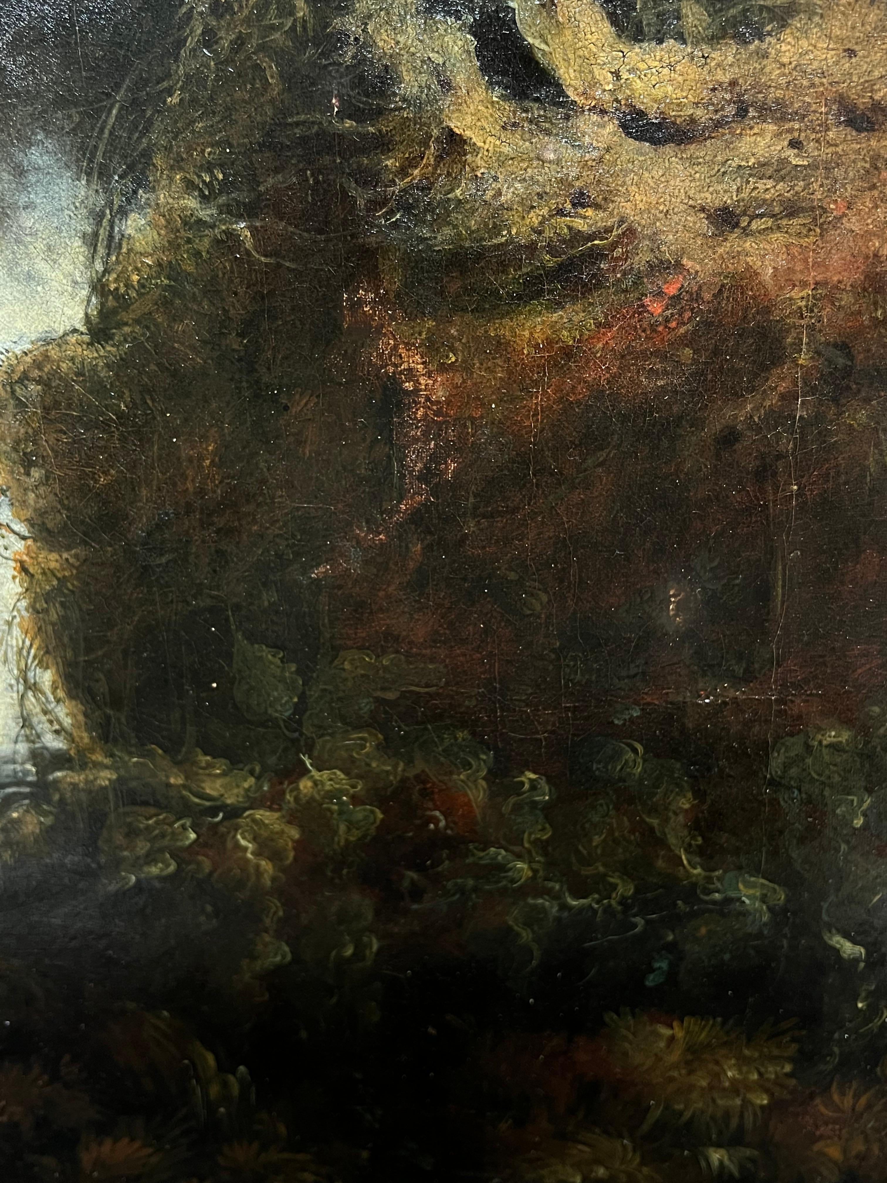 Pintura al óleo grande de 1800 Paisaje romántico en cascada con figuras Terni Italia 5