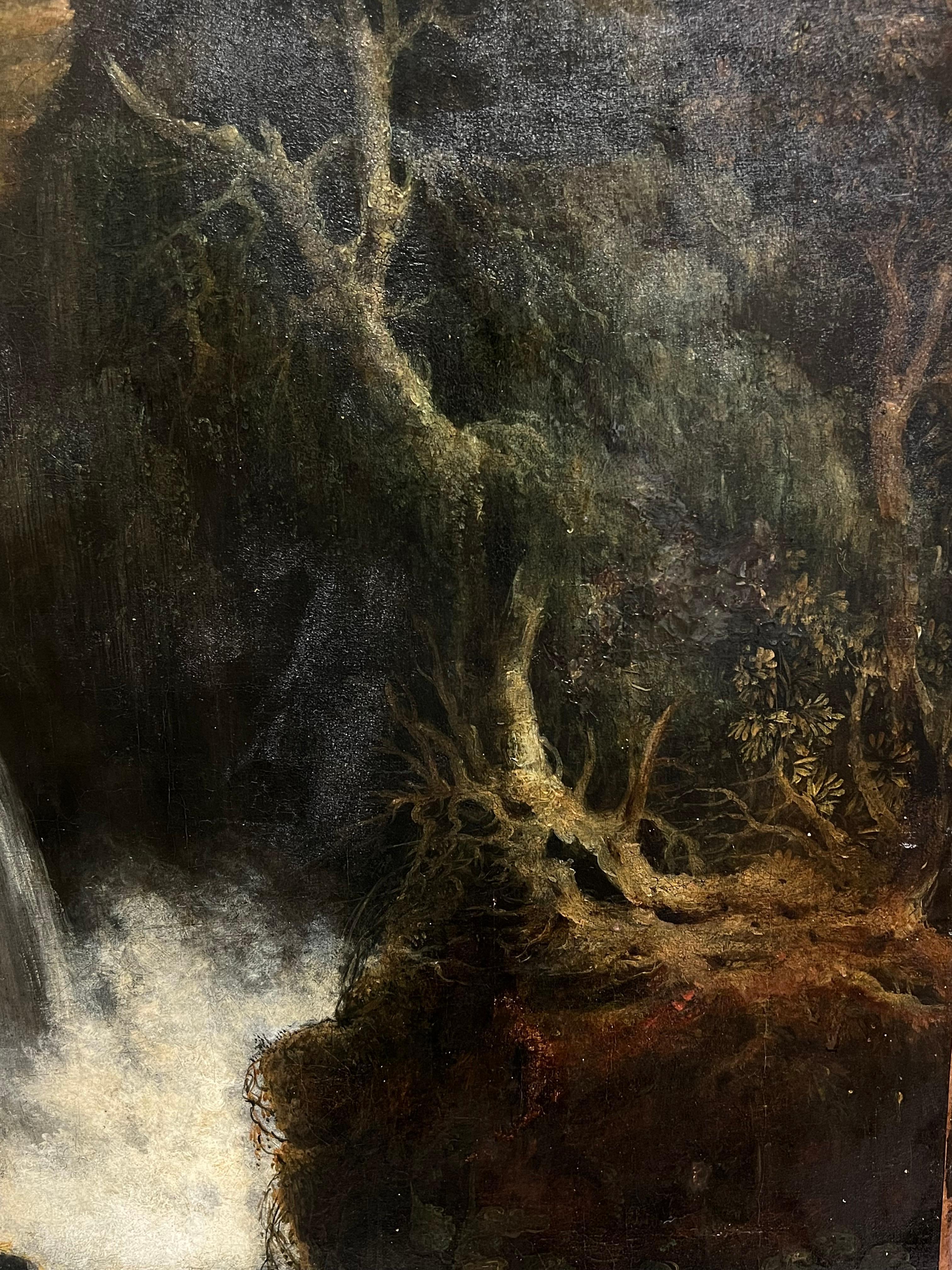 Pintura al óleo grande de 1800 Paisaje romántico en cascada con figuras Terni Italia 6