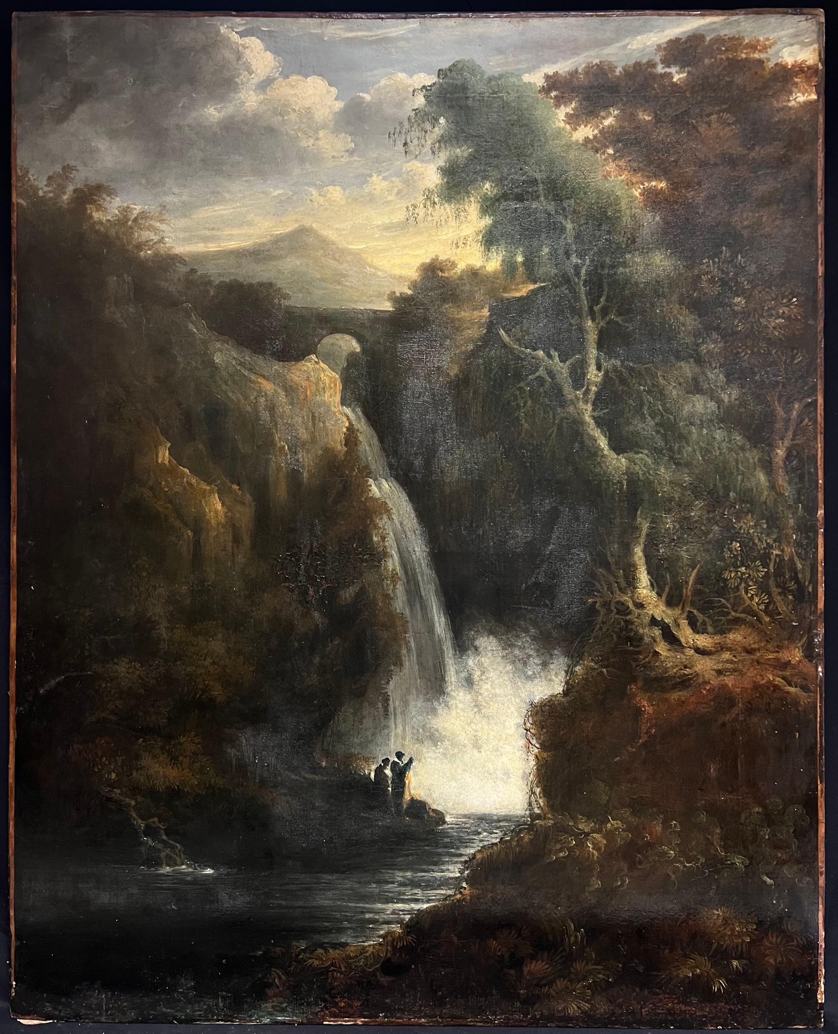 Pintura al óleo grande de 1800 Paisaje romántico en cascada con figuras Terni Italia - Painting de French School