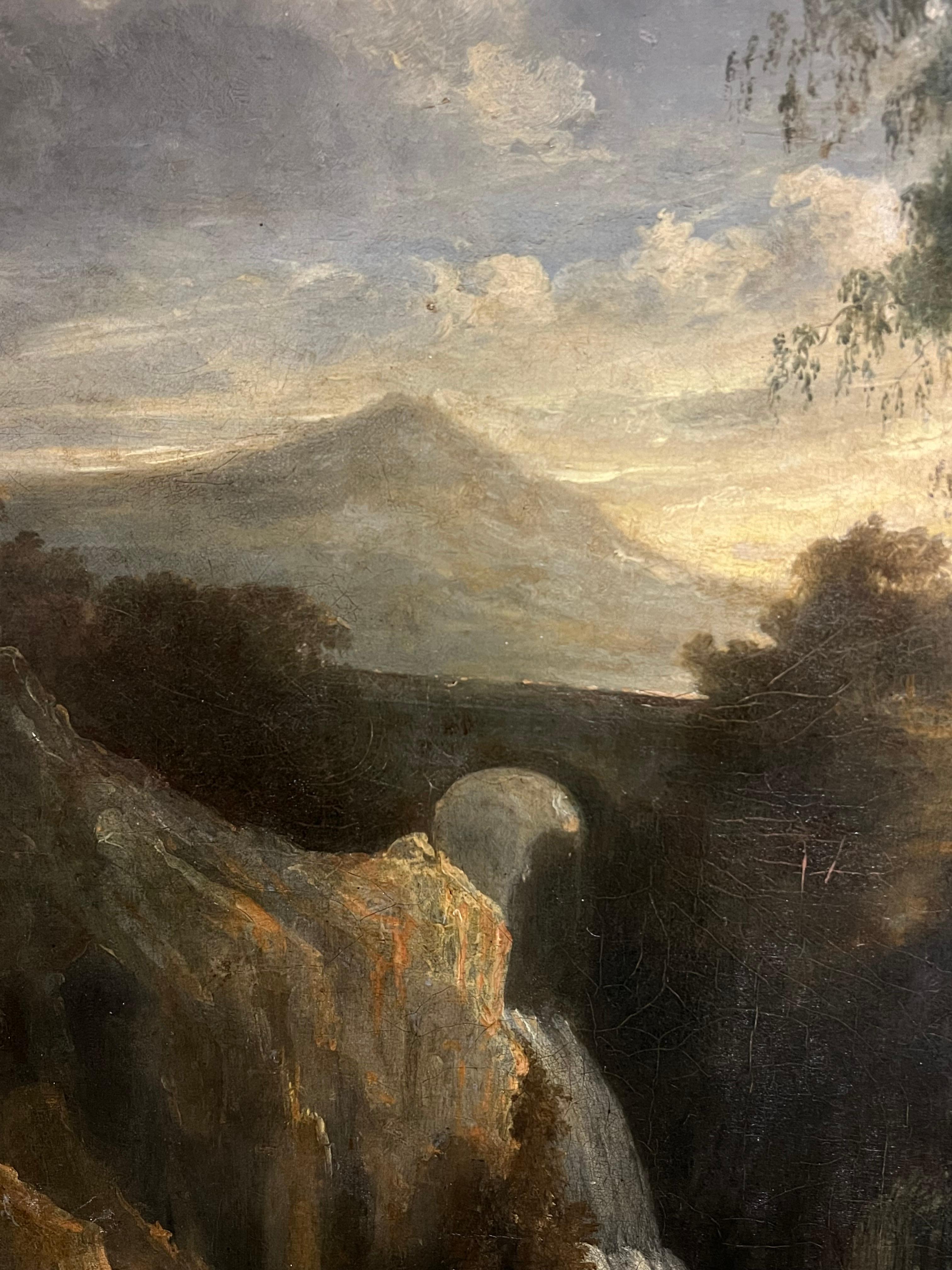 Pintura al óleo grande de 1800 Paisaje romántico en cascada con figuras Terni Italia - Landscape Painting Negro de French School