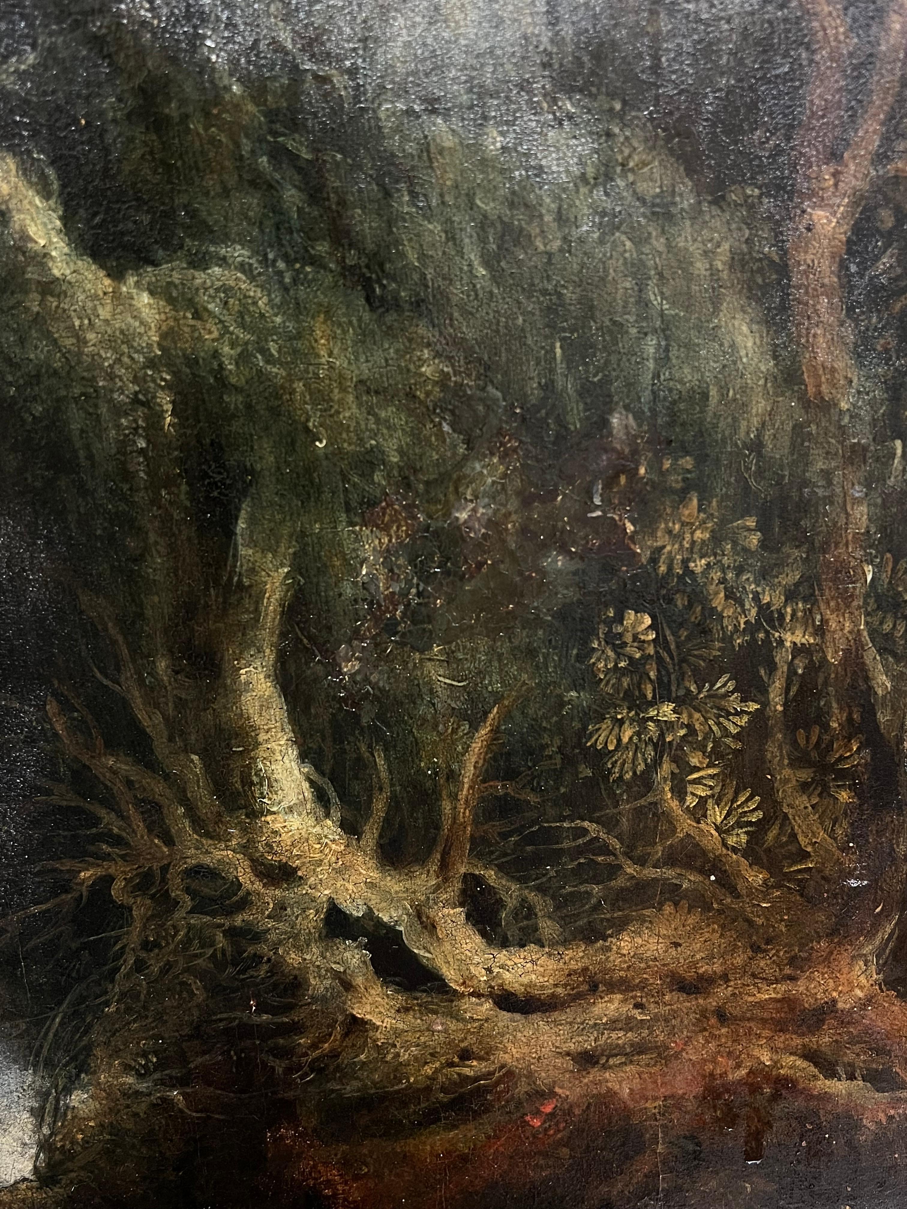 Pintura al óleo grande de 1800 Paisaje romántico en cascada con figuras Terni Italia 1