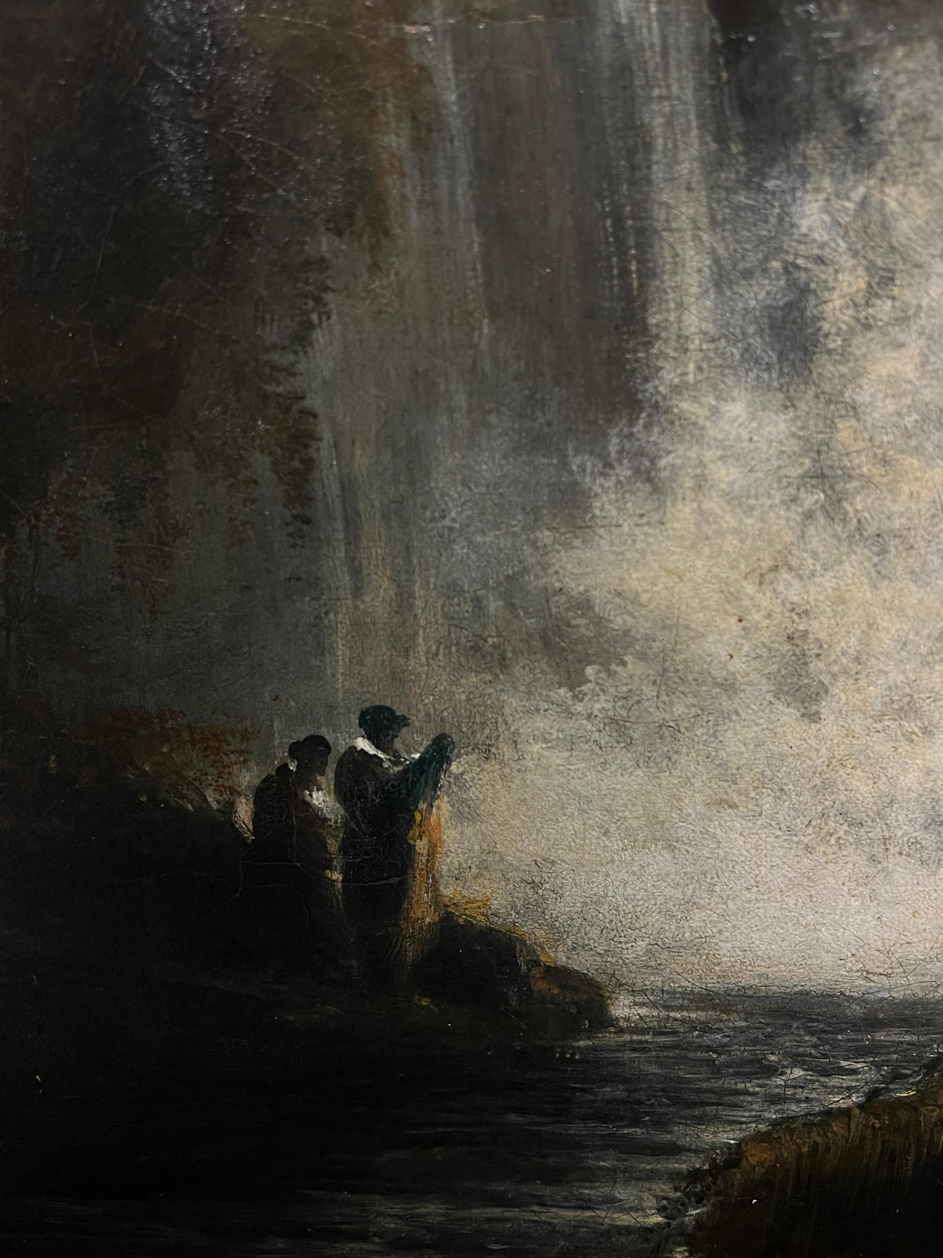 Pintura al óleo grande de 1800 Paisaje romántico en cascada con figuras Terni Italia 2