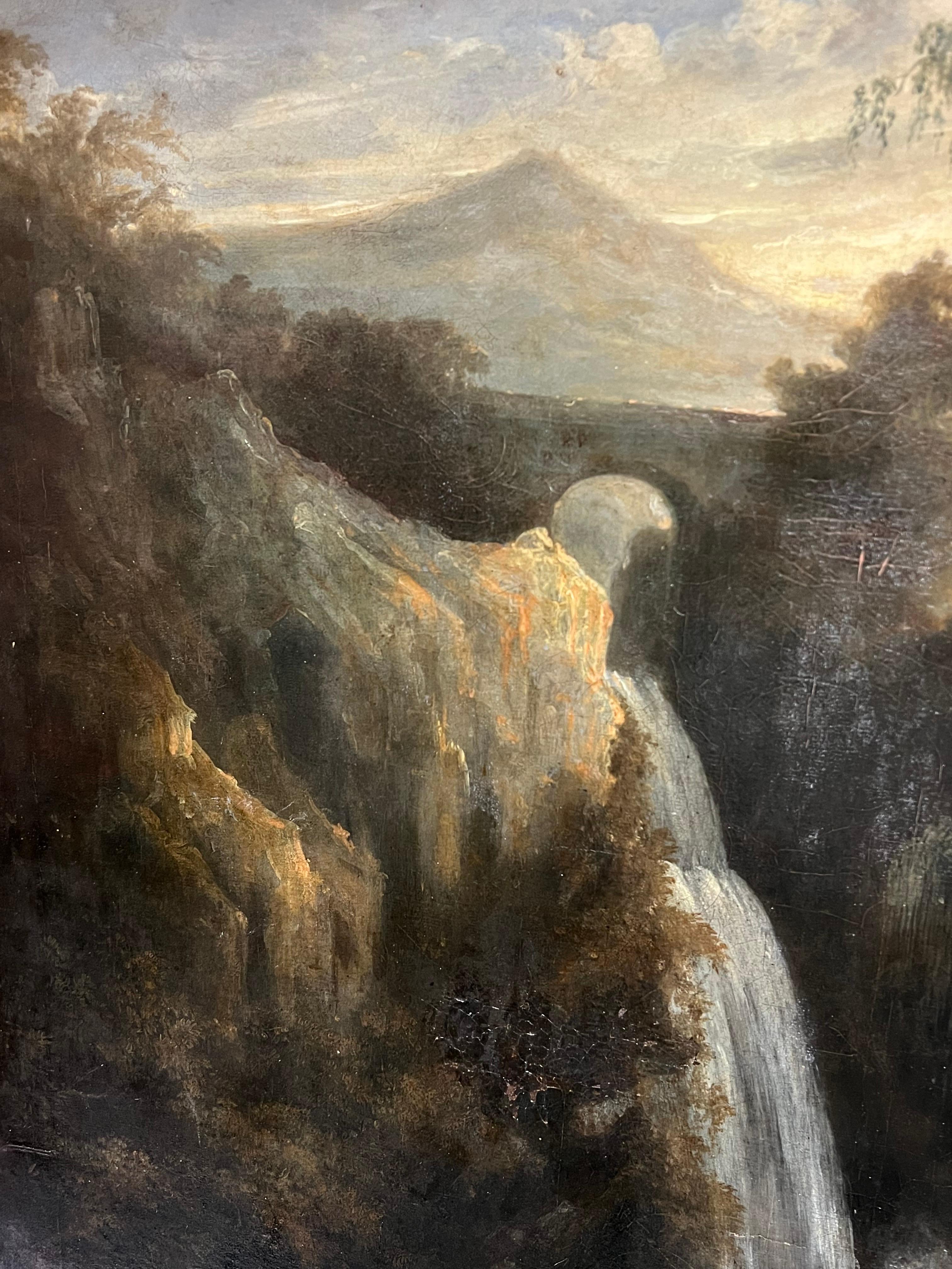 Pintura al óleo grande de 1800 Paisaje romántico en cascada con figuras Terni Italia 3