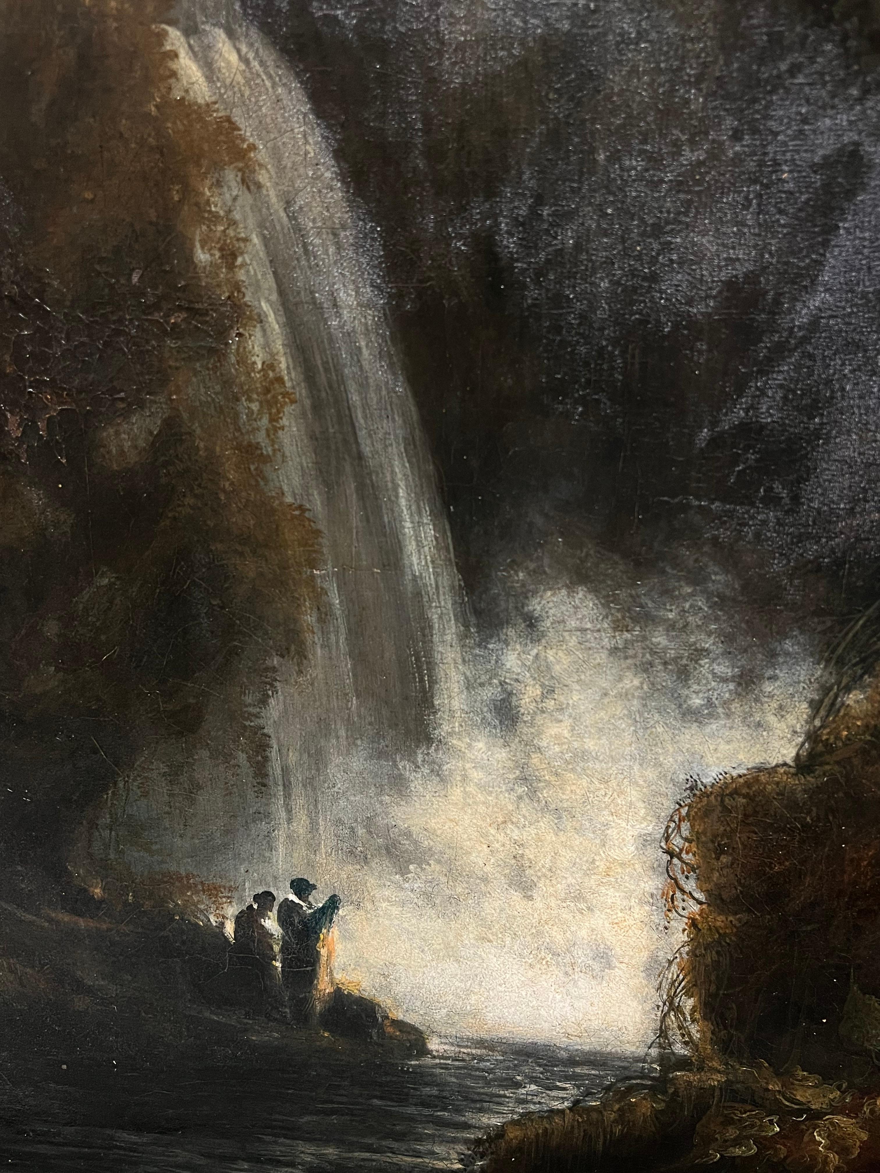 Pintura al óleo grande de 1800 Paisaje romántico en cascada con figuras Terni Italia 4